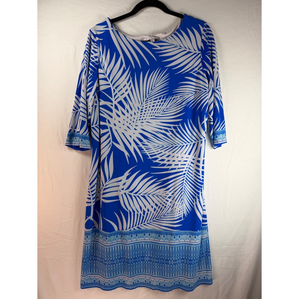 Studio One New York Blue White Palm Print 3/4 Sleeve Shift Dress Womens XL